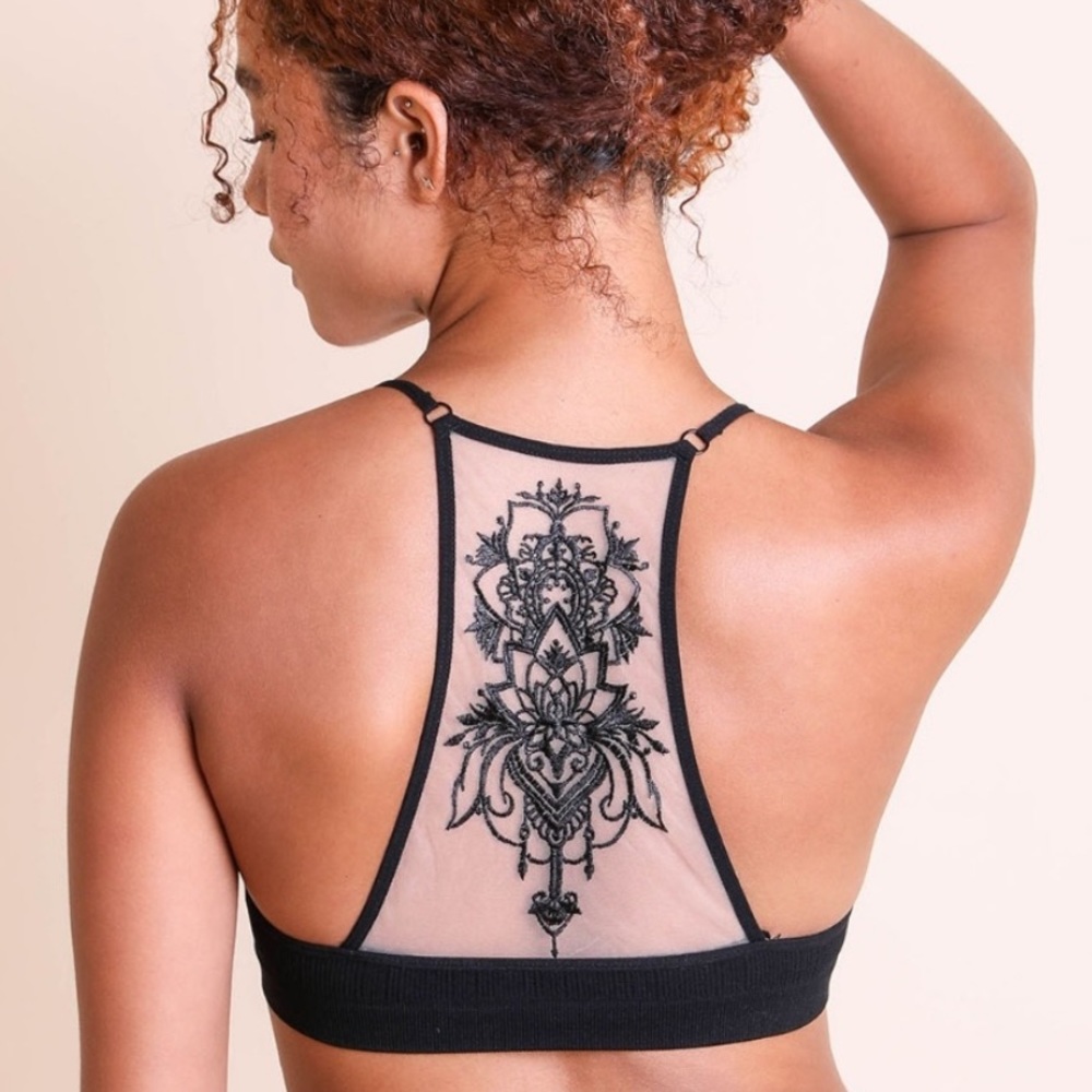 Tattoo Mesh Racerback Bralette in Black